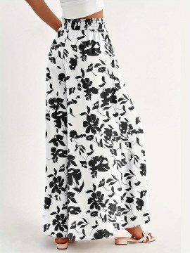 Floral Print Wide Leg Baggy Pants, Casual Drawstring Elastic Waist With Pockets Pants For Spring & Summer, Women's Clothing