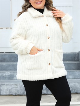 Plus Size Women'S Winter Jacket, Casual Lapel Collar, Cotton Blend, Slight Stretch, Solid Color, Reversible Plush Long Sleeve Cardigan Coat for Outwear Streetwear