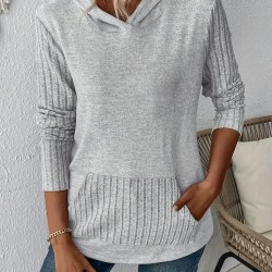 Women's Casual Solid Color Hoodie with Pocket - Long Sleeve, Stretchy Polyester Blend, Machine Washable
