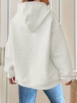Plus Size Solid Color Waffle Long Sleeve Hooded Sweatshirt, Casual Drawstring Kangaroo Pocket Hoodie, Women's Clothing