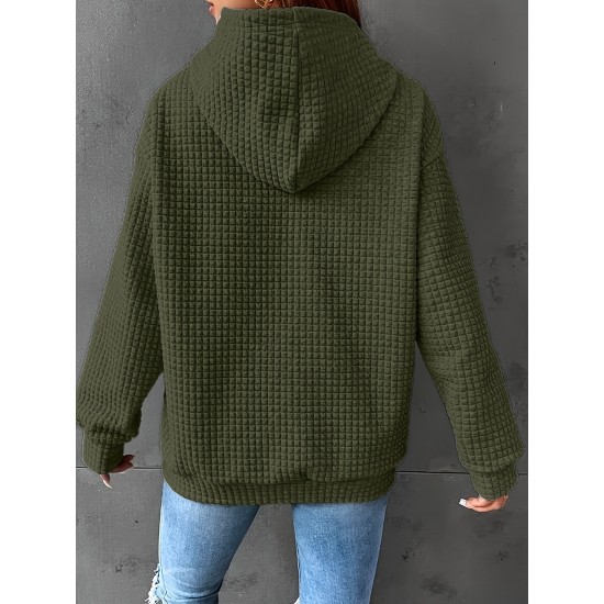 Plus Size Solid Color Waffle Long Sleeve Hooded Sweatshirt, Casual Drawstring Kangaroo Pocket Hoodie, Women's Clothing
