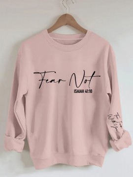 Plus Size Fear Not Print Pullover Sweatshirt, Casual Long Sleeve Crew Neck Sweatshirt For Fall & Winter, Women's Plus Size Clothing